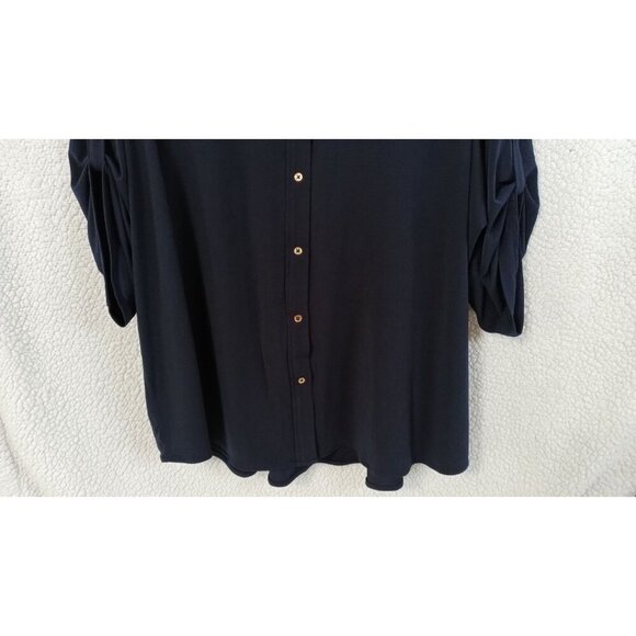 CARMEN Marc Valvo Womens Blouse Plus Size 3X Navy Blue Button Up Bling Stretch - Picture 4 of 16
